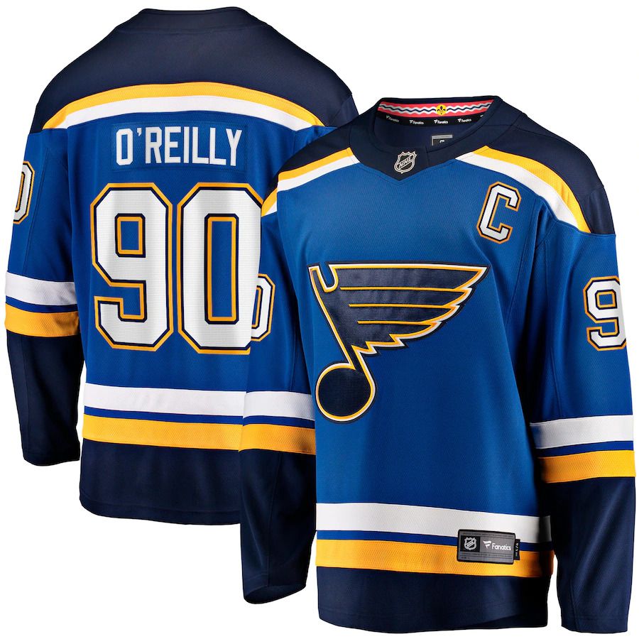 Men St. Louis Blues 90 Ryan OReilly Fanatics Branded Blue Home Captain Premier Breakaway Player NHL Jersey